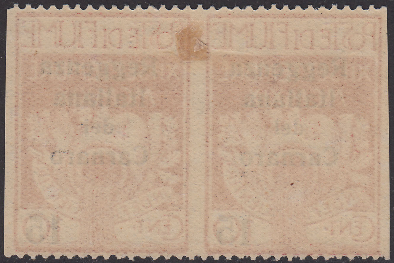 TT32 - 1920 - Legionari di Fiume soprastampati Reggenza Italiana del Carnaro, c. 15 su c. 10 carminio coppia orizzontale non dentelata verticalmente nuova con gomma originale (135y)