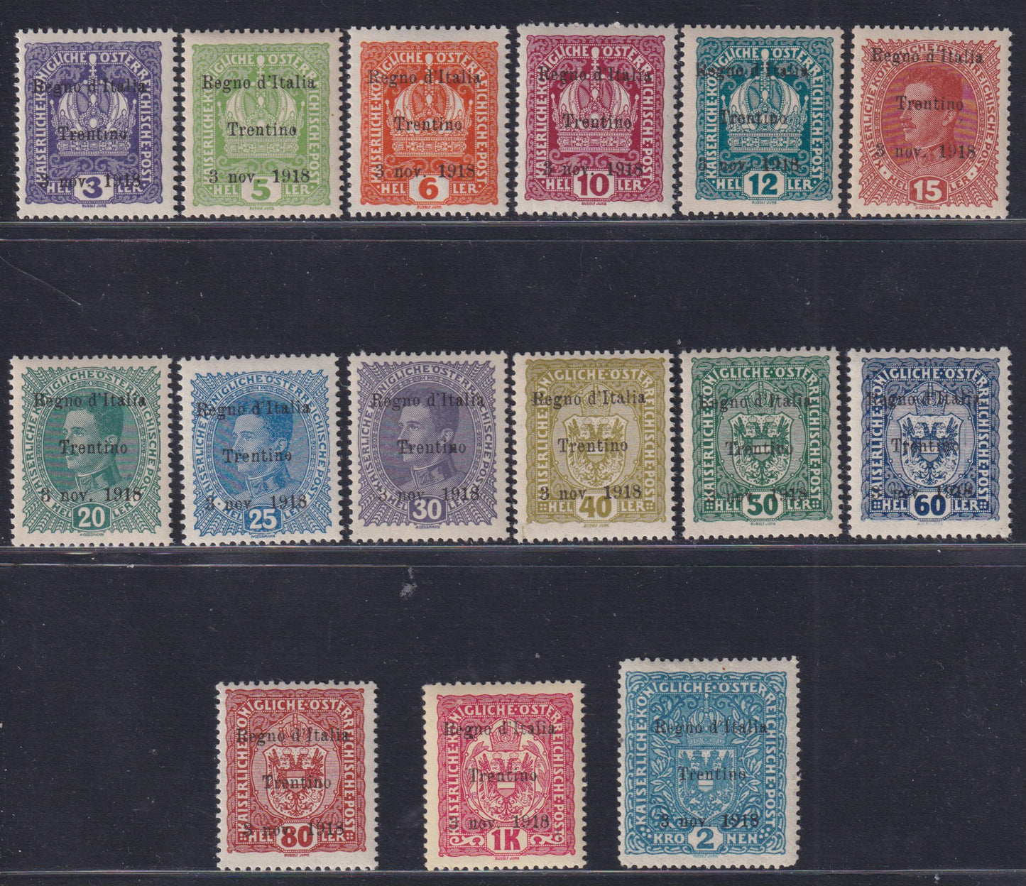 Tren3 - 1918 - Austrian stamps overprinted "Kingdom of Italy / Trentino / 8 Nov. 1918", new with intact gum (1/13 + 15/16)