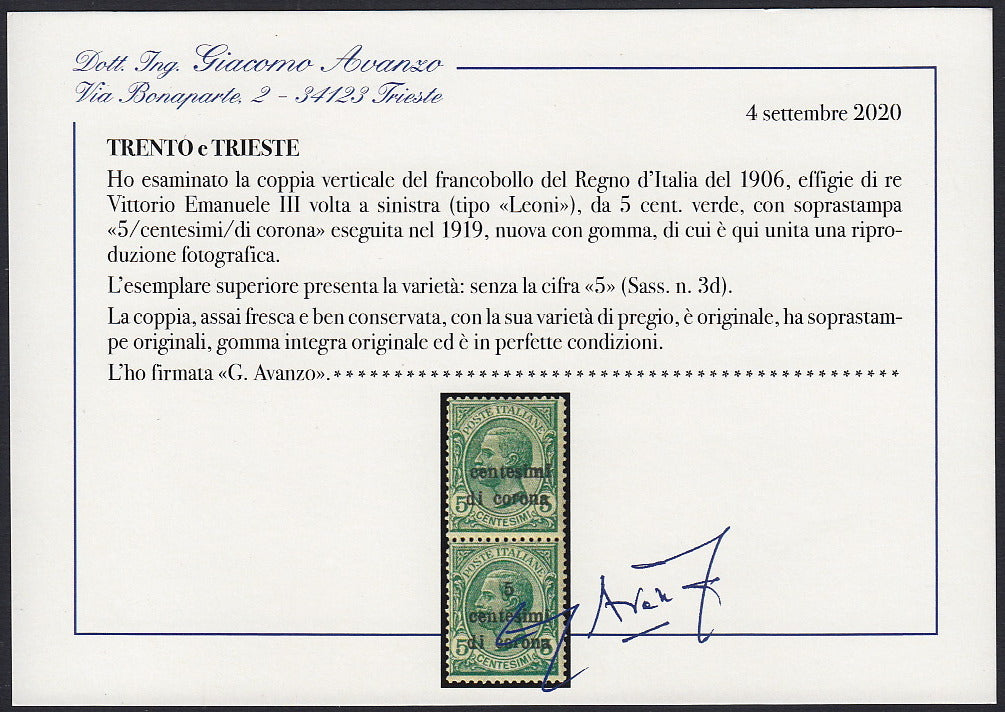 TrentoT16 - 1919 - Leoni, c.5 verde coppia verticale di cui il superiore con la cifra "5" mancante, nuova gomma integra (3d)