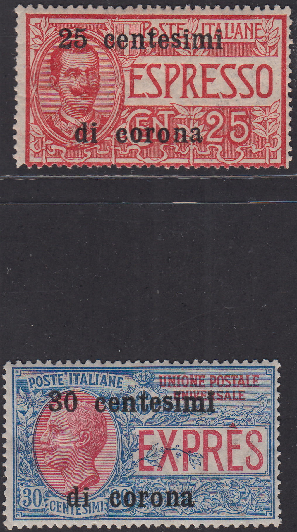 TrentoT2 - 1919 - Espressi di Regno soprastampati con valori in centesimi di corona, serie di due valori nuovi con gomma originale (1, 2)