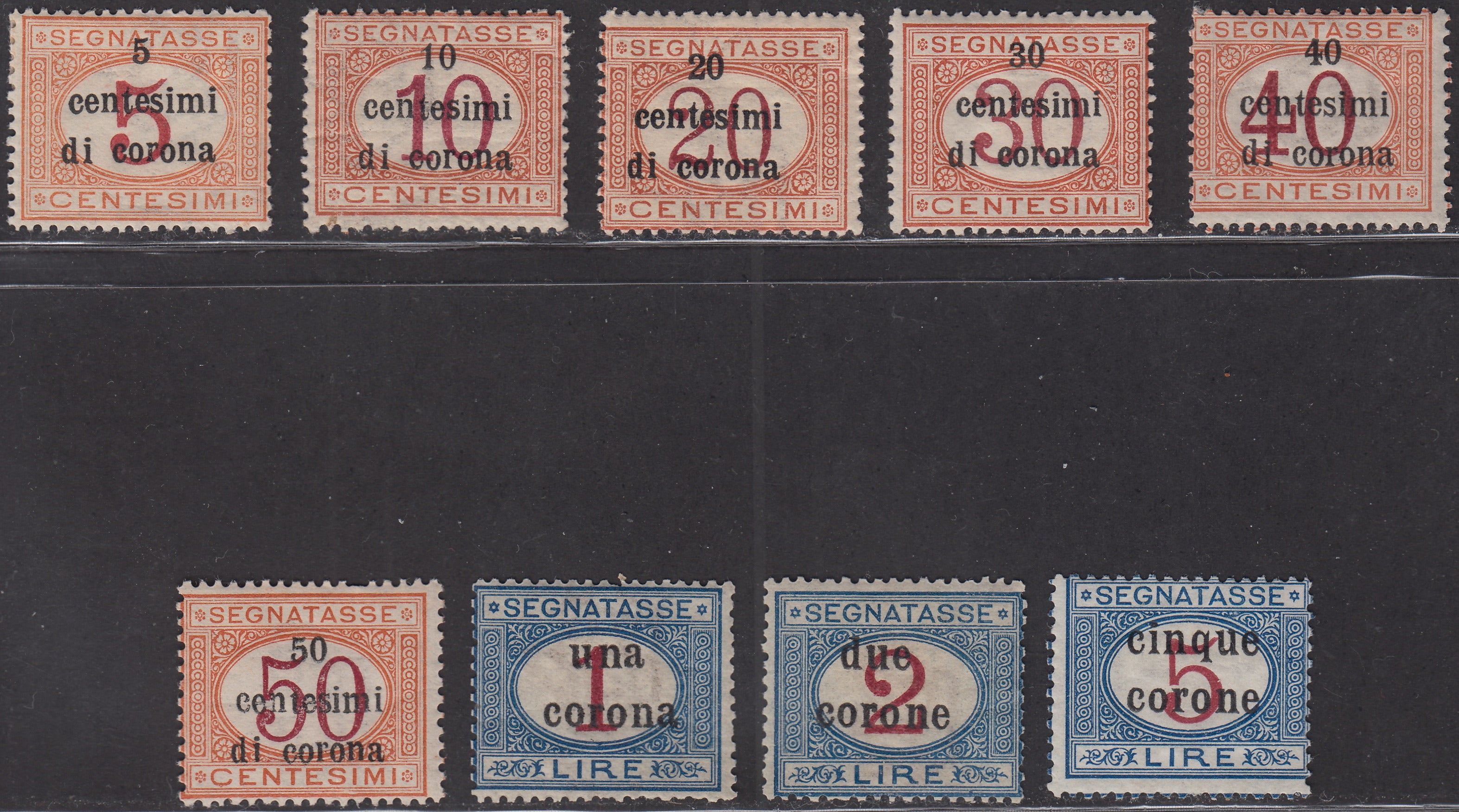 Trentot3 - 1919 - Segnatasse di Regno soprastampate con valori in centesimi di corona e corone, serie completa nuova gomma originale (1/9)