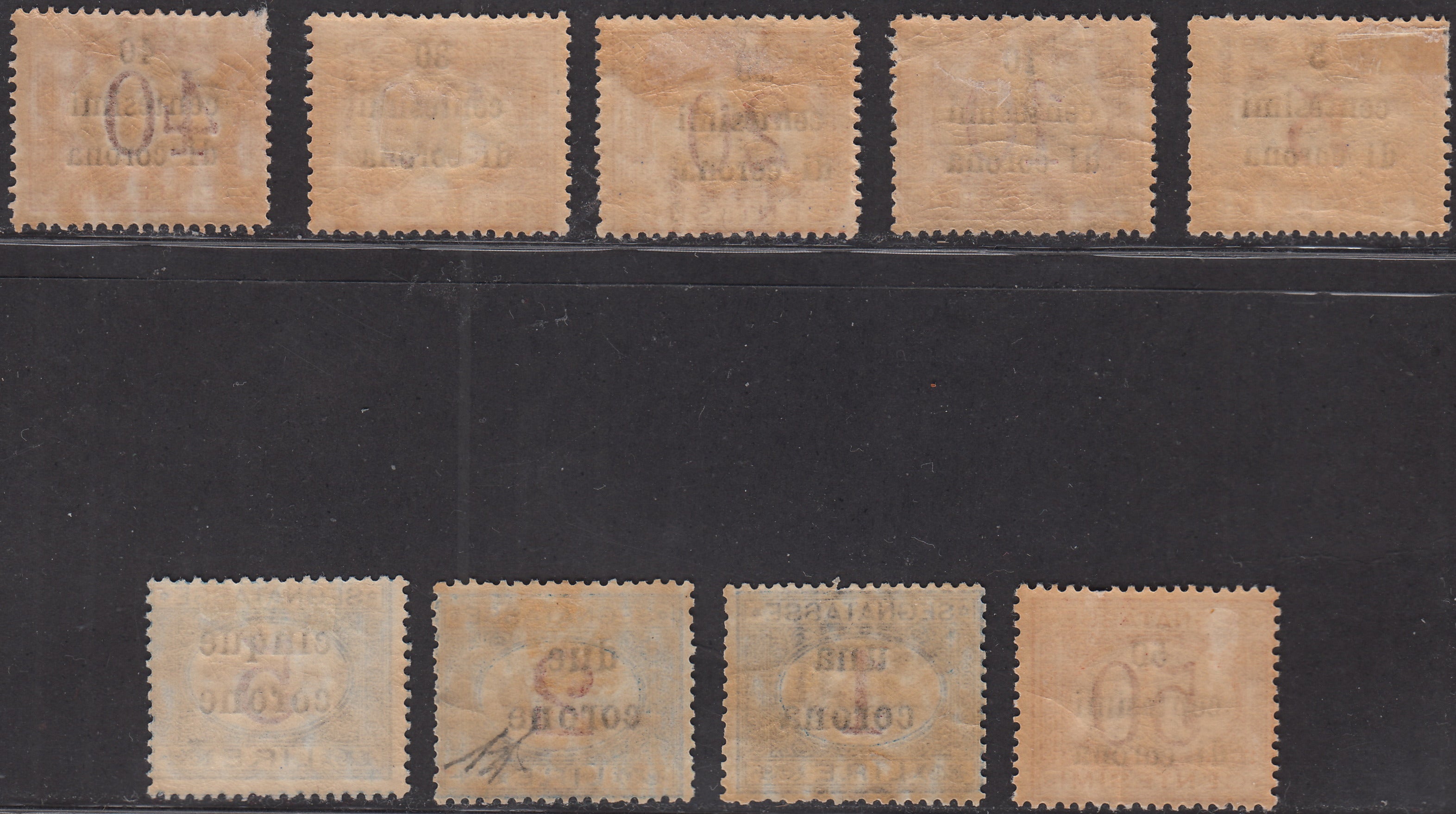 Trentot3 - 1919 - Segnatasse di Regno soprastampate con valori in centesimi di corona e corone, serie completa nuova gomma originale (1/9)