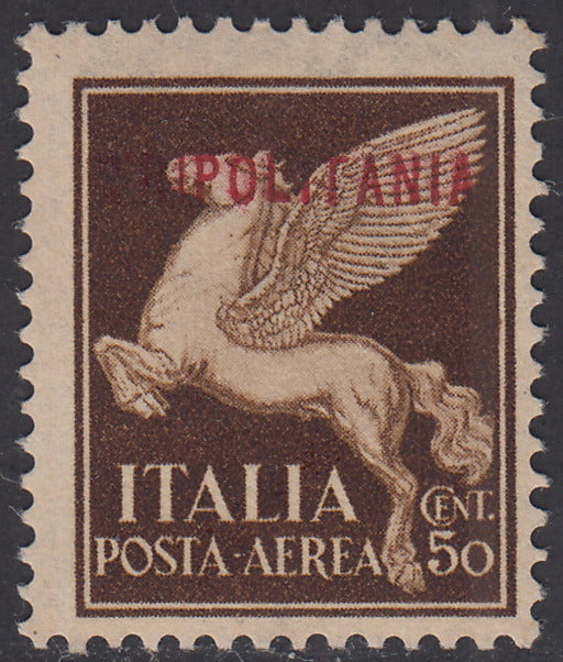 Trip30 - 1930 - Francobollo di Posta Aerea d'Italia soprastampato TRIPOLITANIA in rosso c. 50 bruno nuovo con gomma integra (A8)