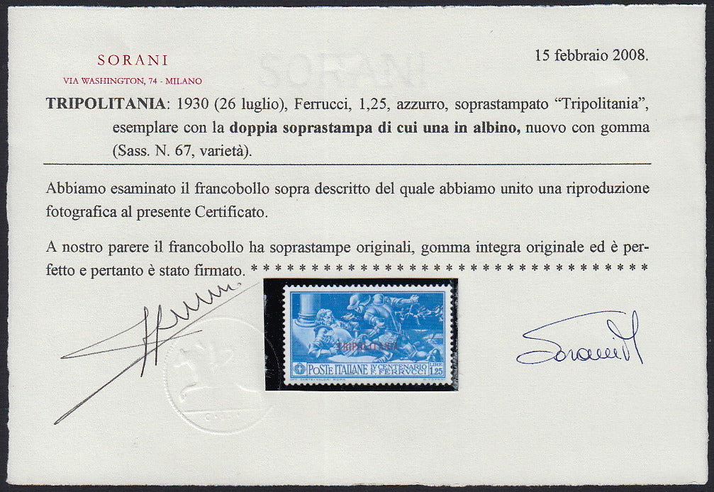 Trip33 - Ferrucci L. 1,25 azzurro con doppia soprastampa TRIPOLITANIA di cui una in albino nuovo gomma integra (67, varietà)