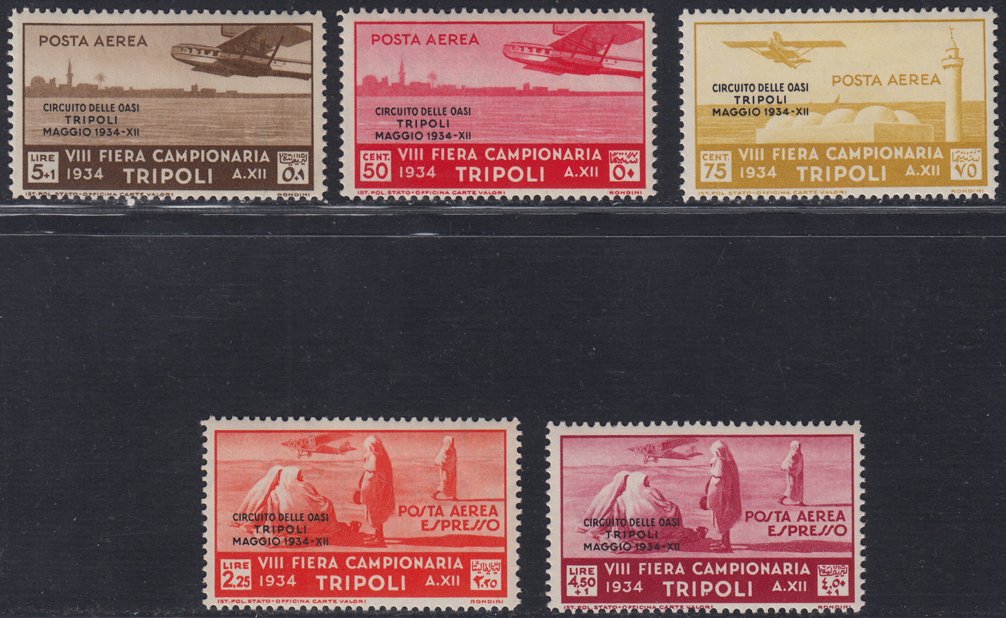 Trip34 - 1924 - Air Mail, VIII Tripoli fair overprinted "Circuito delle Oasi", series of five values, new, intact rubber (34/36 + 39/40)