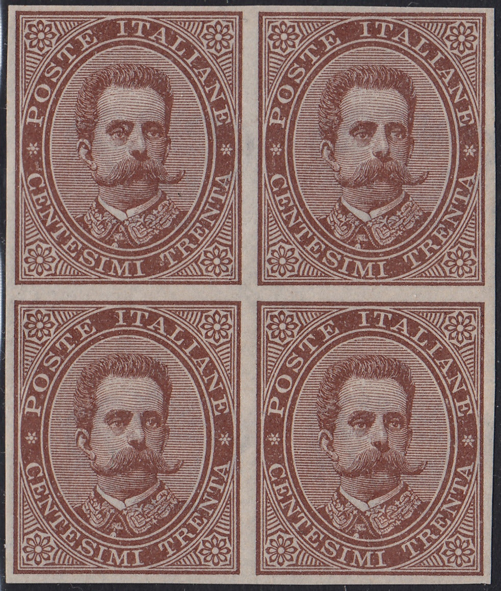 UMB25 - 1889 - Effigie di Umberto I, I emissione c. 30 bruno prova d'archivio non dentellata blocco di 4 nuovo con gomma integra (P41)