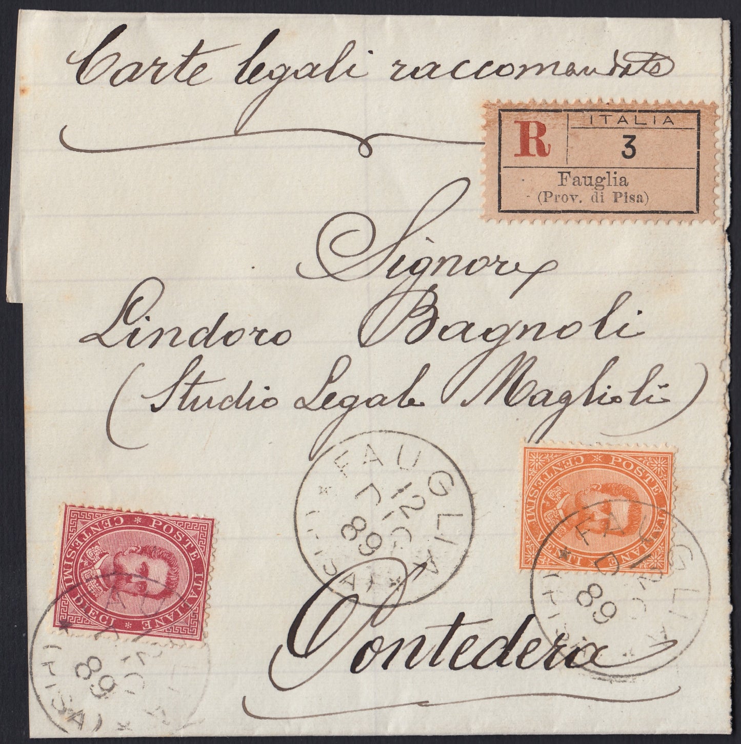 UMBSP7 - 1889 - Band for legal papers recommended by Fauglia for Pontedera 12/12/89 stamped with c. 10 carmine + c. 20 orange (38 + 39) 