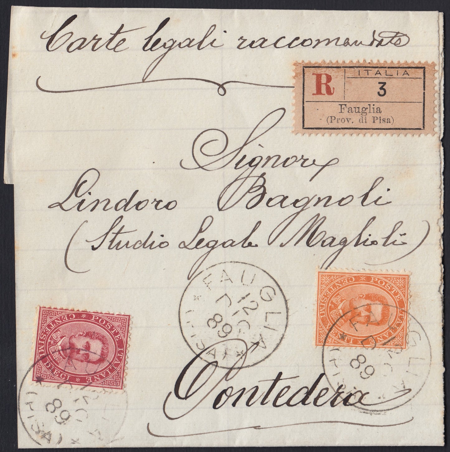 UMBSP7 - 1889 - Fascetta per carte legali raccomandata da Fauglia per Pontedera 12/12/89 affrancata con c. 10 carminio + c. 20 arancio (38 + 39)