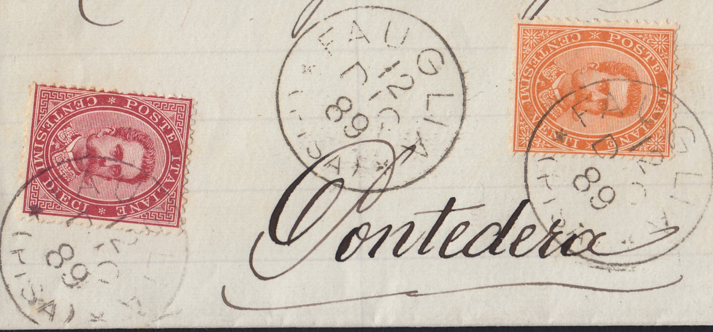 UMBSP7 - 1889 - Fascetta per carte legali raccomandata da Fauglia per Pontedera 12/12/89 affrancata con c. 10 carminio + c. 20 arancio (38 + 39)