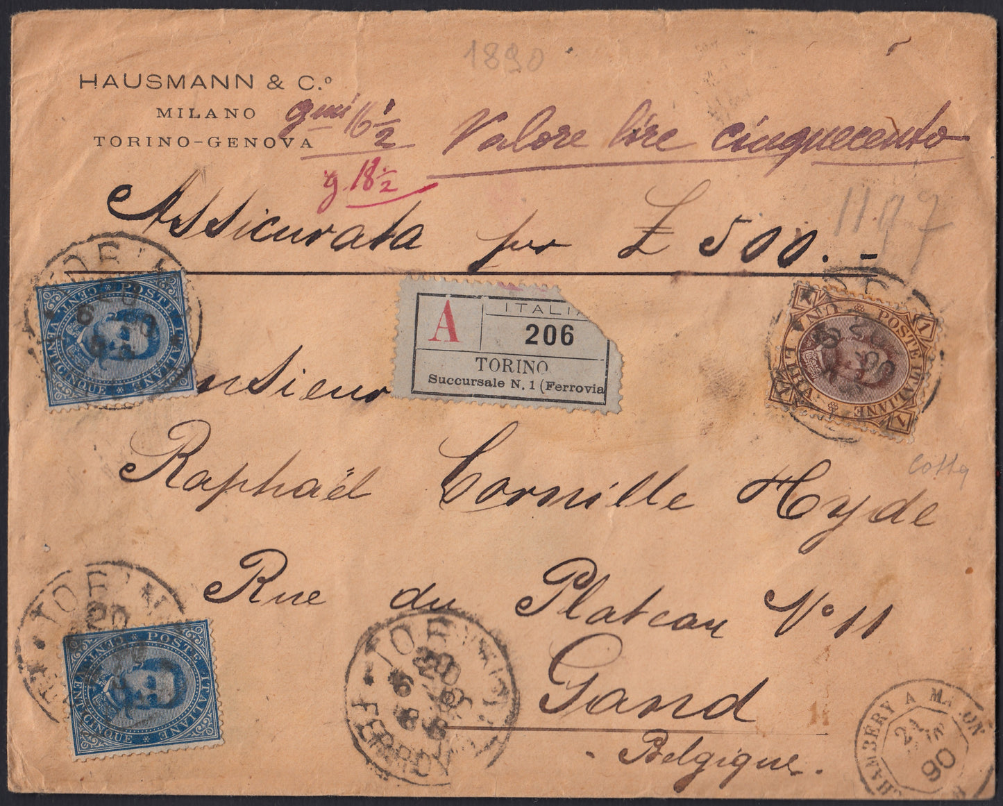 UMBSP8 - 1890 - Insured letter sent from Turin Railway to Ghent (Belgium) 20/6/1880 franked with Umberto I c. 25 light blue, two copies + L. 1 brown and yellow (40 + 48). 