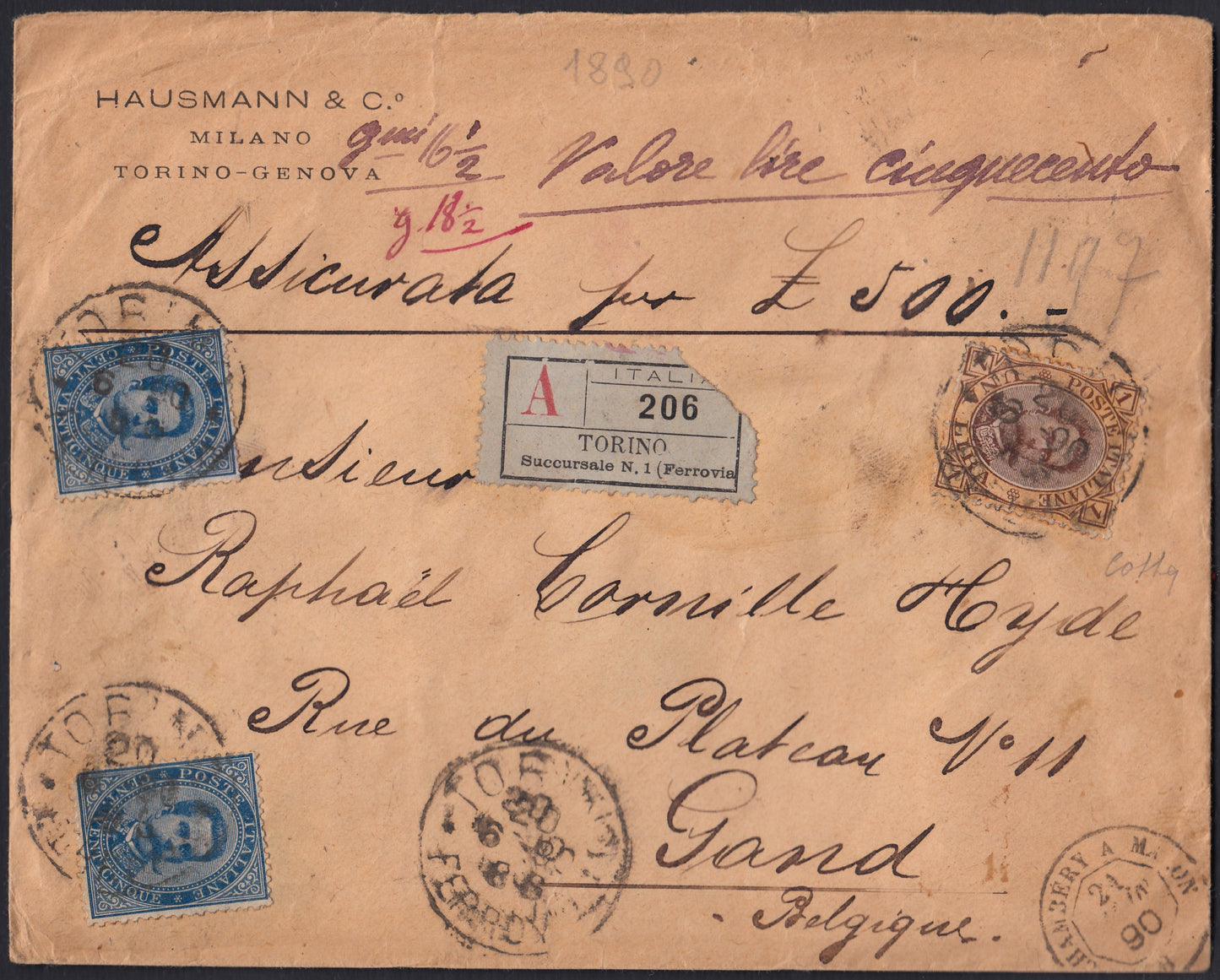UMBSP8 - 1890 - Lettera assicurata spedita da Torino Ferrovia per Gand (Belgio) 20/6/1880 affrancata con Umberto I c. 25 azzurro due esemplari + L. 1 bruno e giallo (40 + 48).