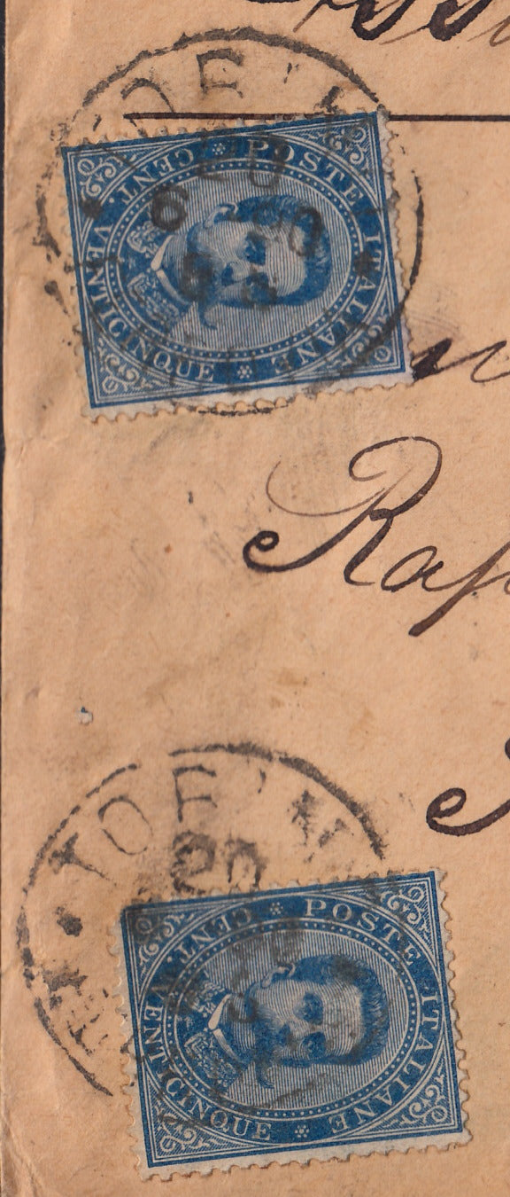 UMBSP8 - 1890 - Lettera assicurata spedita da Torino Ferrovia per Gand (Belgio) 20/6/1880 affrancata con Umberto I c. 25 azzurro due esemplari + L. 1 bruno e giallo (40 + 48).