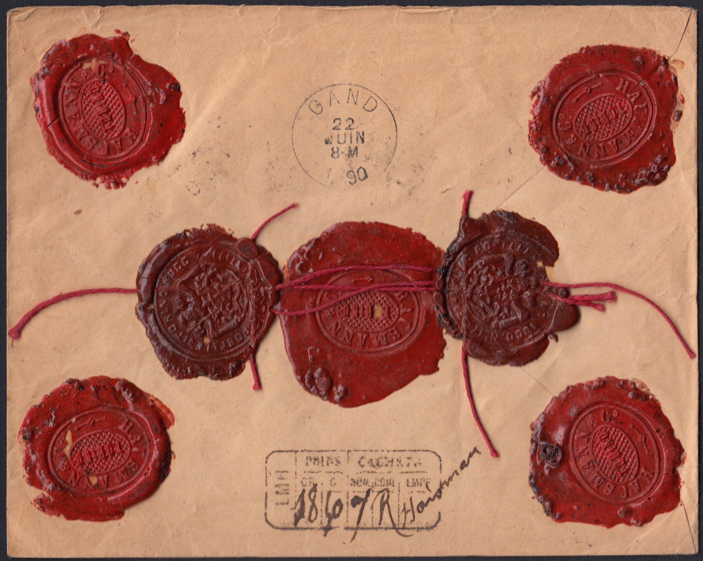 UMBSP8 - 1890 - Lettera assicurata spedita da Torino Ferrovia per Gand (Belgio) 20/6/1880 affrancata con Umberto I c. 25 azzurro due esemplari + L. 1 bruno e giallo (40 + 48).