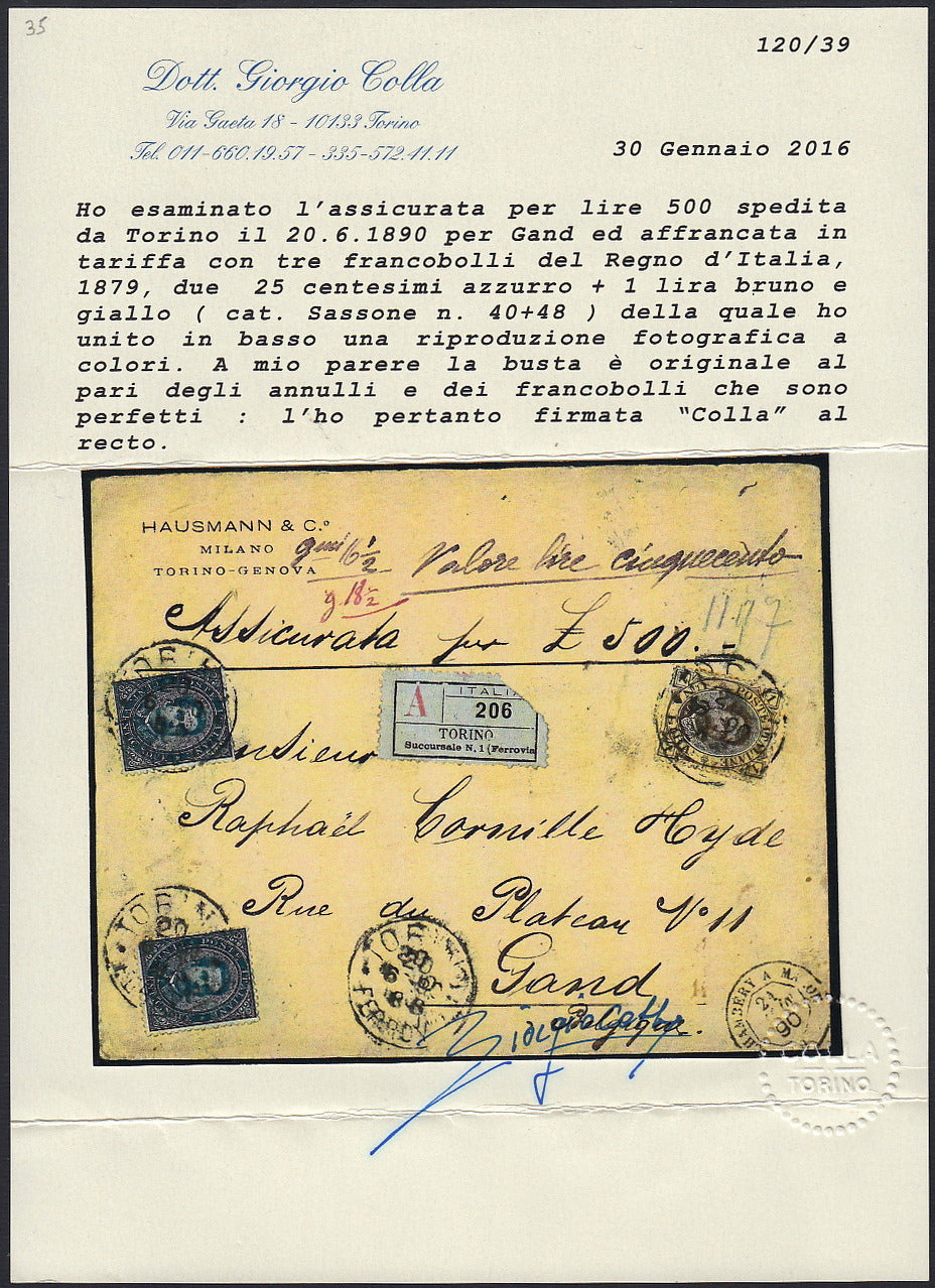 UMBSP8 - 1890 - Lettera assicurata spedita da Torino Ferrovia per Gand (Belgio) 20/6/1880 affrancata con Umberto I c. 25 azzurro due esemplari + L. 1 bruno e giallo (40 + 48).