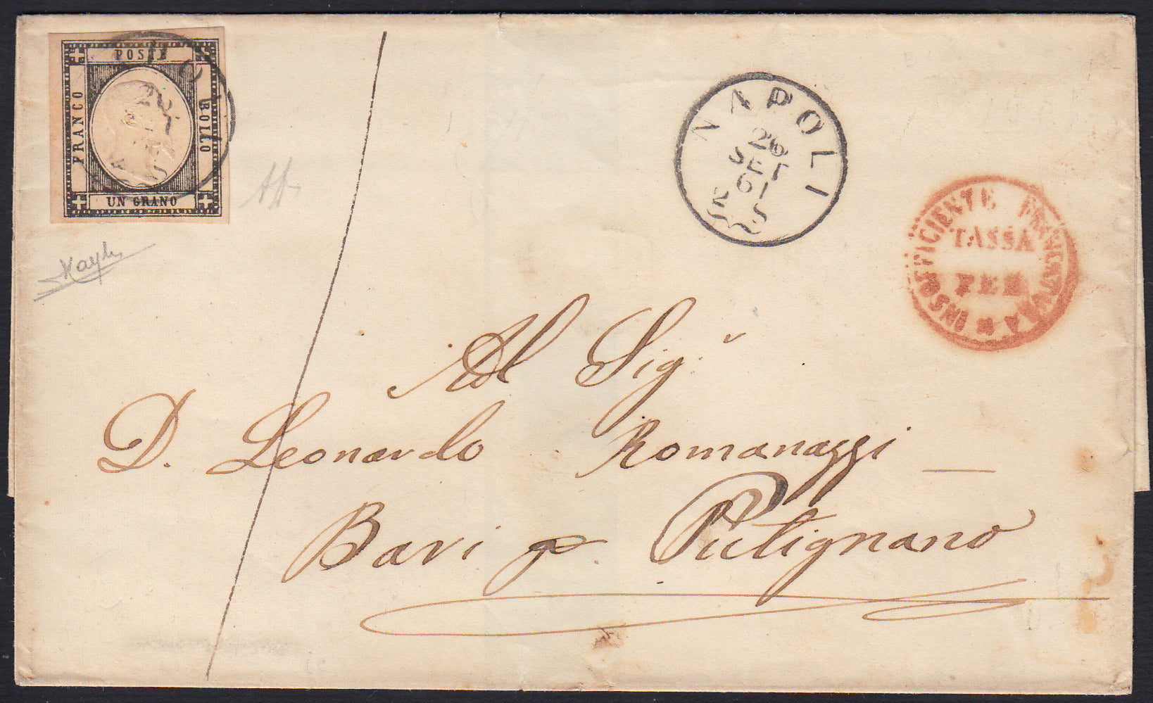 1861 - 1 black grain, copy with triple effigy, new with original rubber (19 AD). Cardillo certificate.