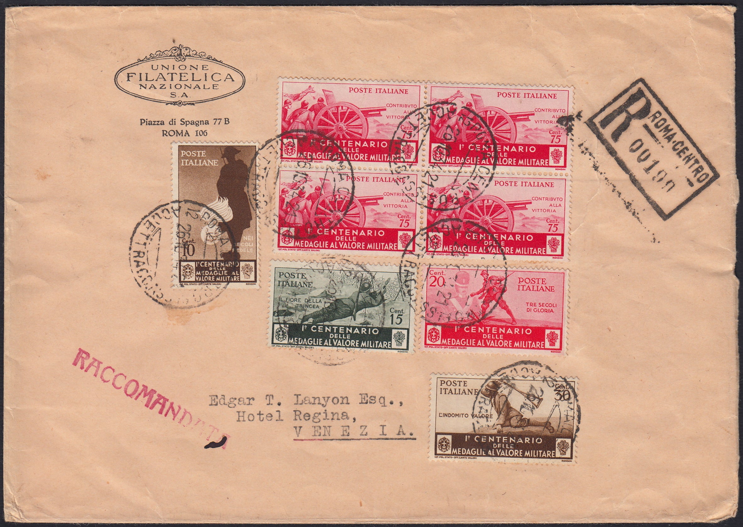 UT144 - Raccomandata spedita da Roma centro per Venezia 26/10/34 affrancata con Medaglie al valore c. 10 bruno rosso, c. 15 verde grigio, c. 20 carminio, c.30 bruno e blocco di quattro del c. 75 carminio.