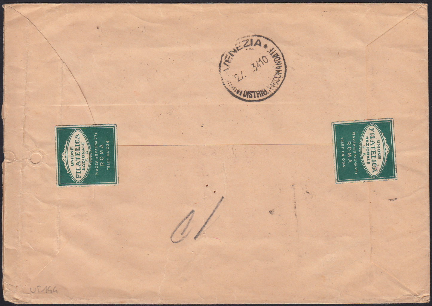 UT144 - Raccomandata spedita da Roma centro per Venezia 26/10/34 affrancata con Medaglie al valore c. 10 bruno rosso, c. 15 verde grigio, c. 20 carminio, c.30 bruno e blocco di quattro del c. 75 carminio.