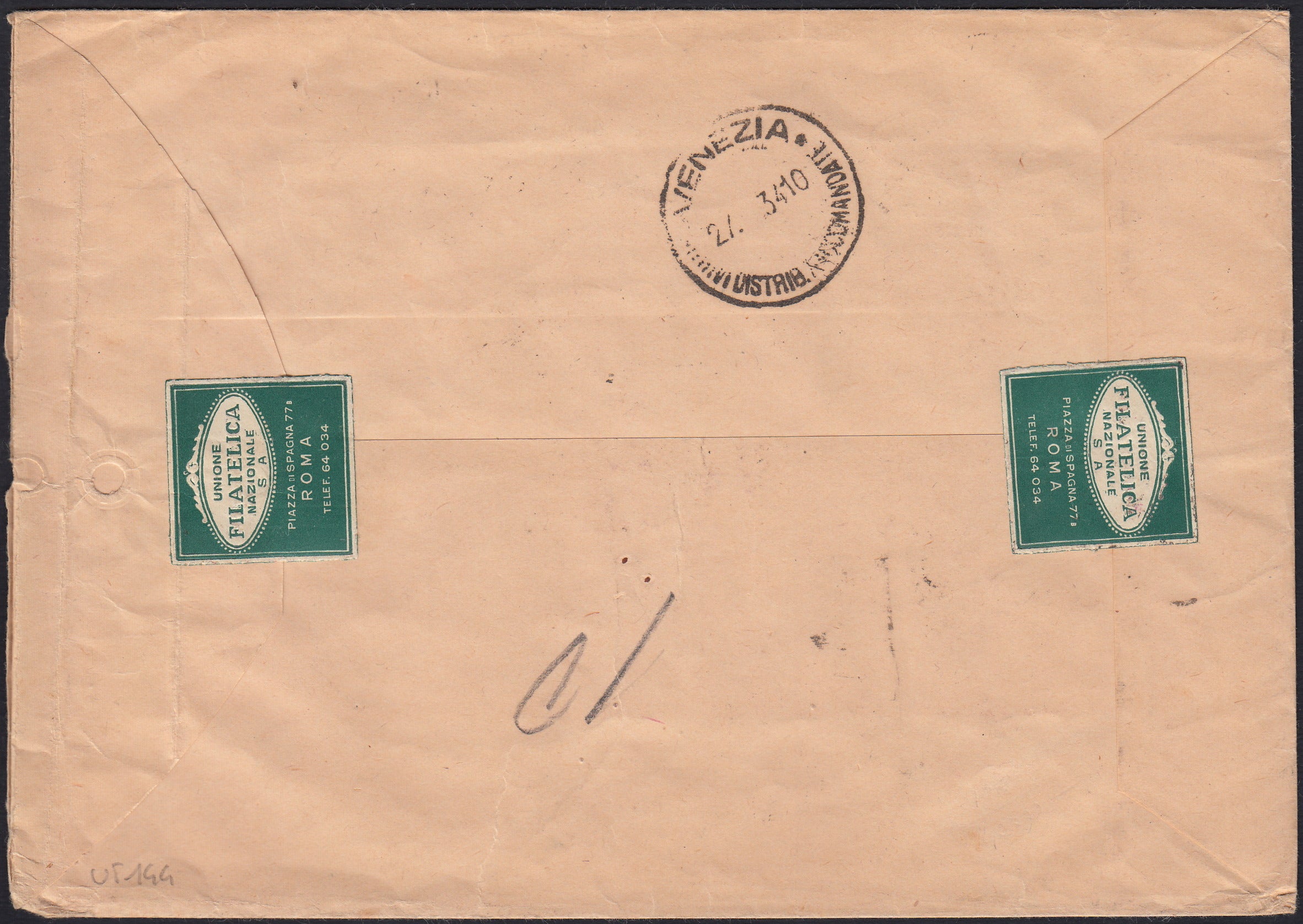 UT144 - Raccomandata spedita da Roma centro per Venezia 26/10/34 affrancata con Medaglie al valore c. 10 bruno rosso, c. 15 verde grigio, c. 20 carminio, c.30 bruno e blocco di quattro del c. 75 carminio.