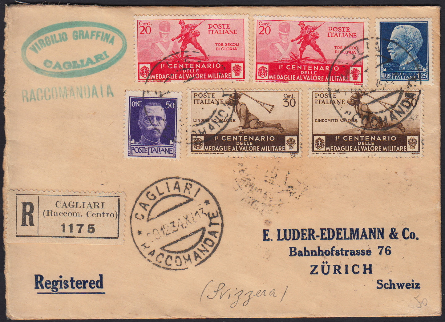 UT152 - Raccomandata spedita da Cagliari a Zurigo il 29/12/34 affrancata con Medaglie al valore, due esemplari del c. 20 carminio, del c. 30 bruno e Imperiale c. 50 violetto. L. 1,25 azzurro. (251, 253, 368, 370)