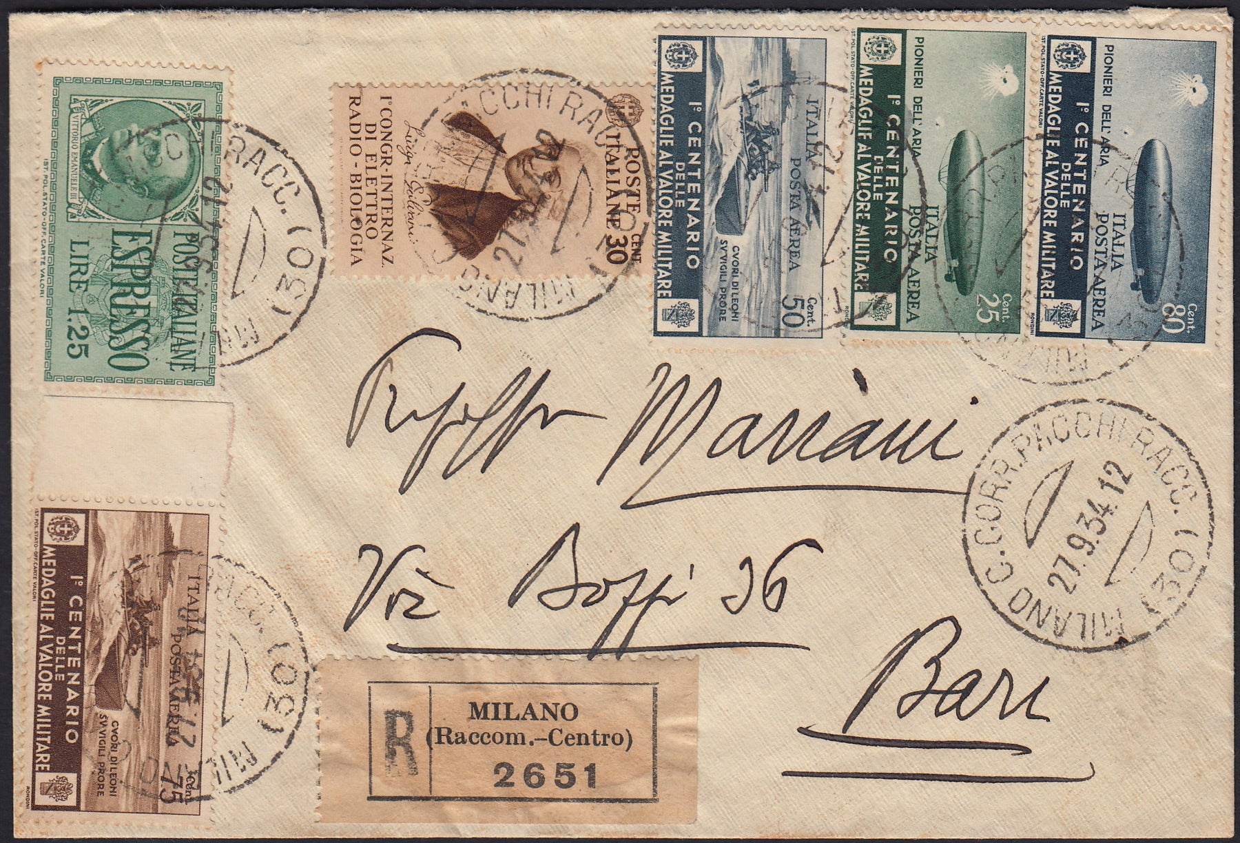 UT152 - Raccomandata spedita da Cagliari a Zurigo il 29/12/34 affrancata con Medaglie al valore, due esemplari del c. 20 carminio, del c. 30 bruno e Imperiale c. 50 violetto. L. 1,25 azzurro. (251, 253, 368, 370)