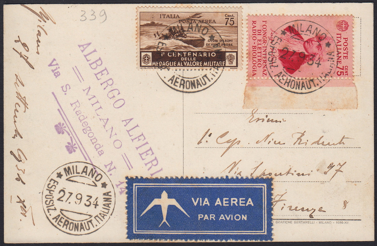 UT173 - 1934 - Cartolina illustrata con annullo speciale Milano esposizione Aeronautica Italiana 27/9/34 diretta a Firenze affrancata con Galvani c. 75 + Medaglie P.A. c. 75 bruno, valori gemelli (365, A76).