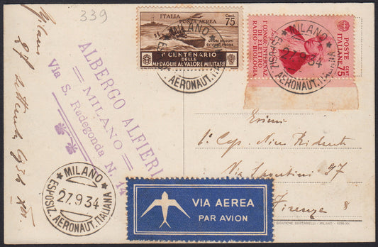 UT173 - 1934 - Cartolina illustrata con annullo speciale Milano esposizione Aeronautica Italiana 27/9/34 diretta a Firenze affrancata con Galvani c. 75 + Medaglie P.A. c. 75 bruno, valori gemelli (365, A76).