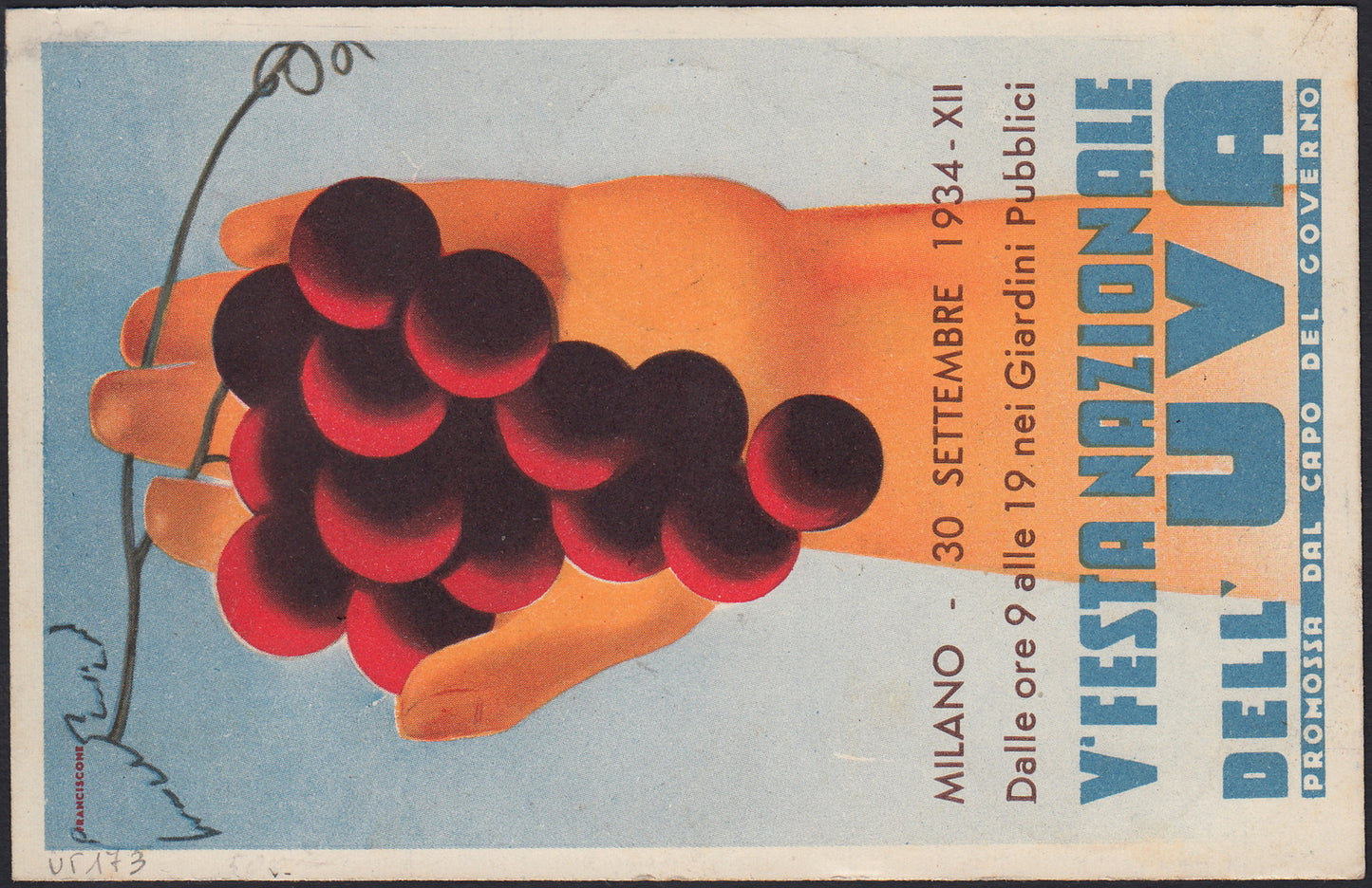 UT173 - 1934 - Cartolina illustrata con annullo speciale Milano esposizione Aeronautica Italiana 27/9/34 diretta a Firenze affrancata con Galvani c. 75 + Medaglie P.A. c. 75 bruno, valori gemelli (365, A76).