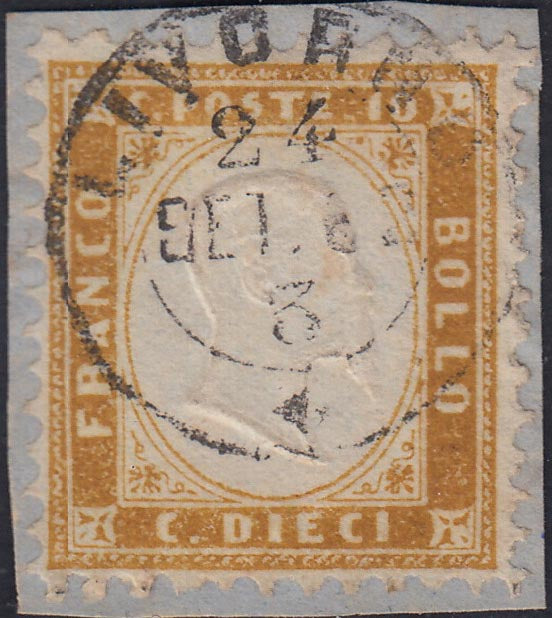 UT285_3 - 1862 - Emissione dentellata, c. 10 bistro giallastro usato su frammento (1).
