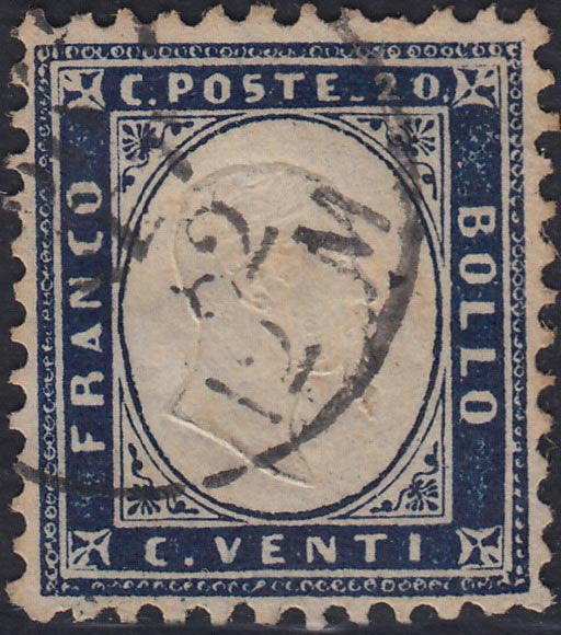 UT285_5 - 1862 - Emissione dentellata, c. 20 indaco chiaro usato (2b).