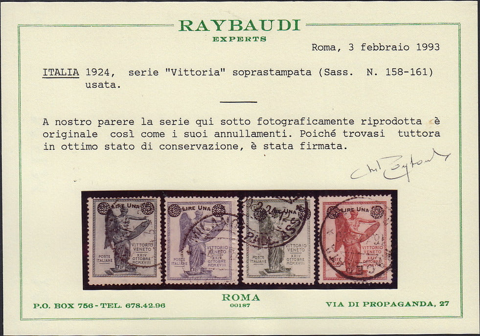 UT309 - 1924 - Francobolli sovrastampati, Serie "Vittoria" usata con annulli originali (158/161)