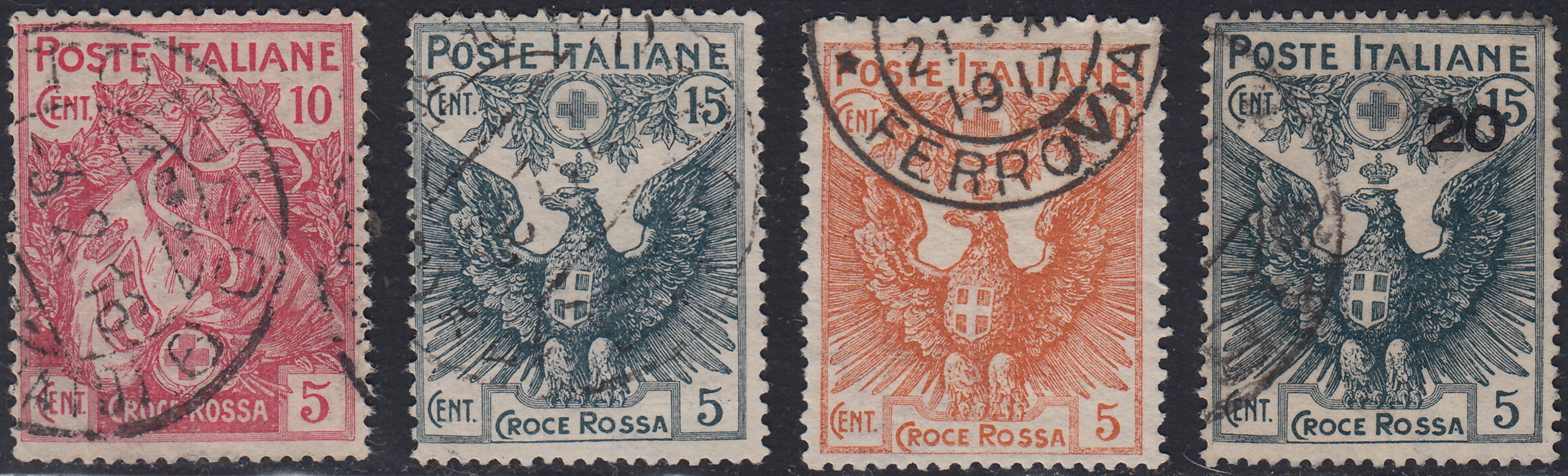 1930 – Virgilio, Ten cuttings of an advertising poster on thick cardboard with a perforated impression printed in black in the outline and diagonally the wording SAGGIO in block capitals.