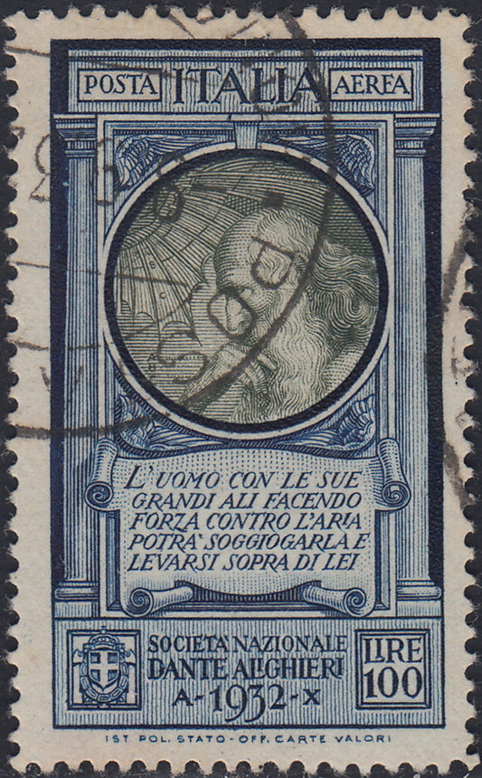 UT351 - 1932 - Dante Alighieri, posta aerea, 100 L. azzurro e oliva usato con annullo originale (41)