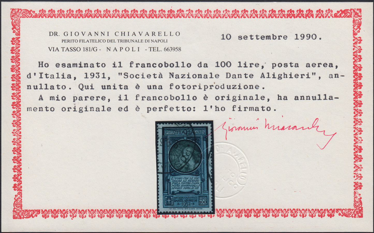 UT351 - 1932 - Dante Alighieri, posta aerea, 100 L. azzurro e oliva usato con annullo originale (41)