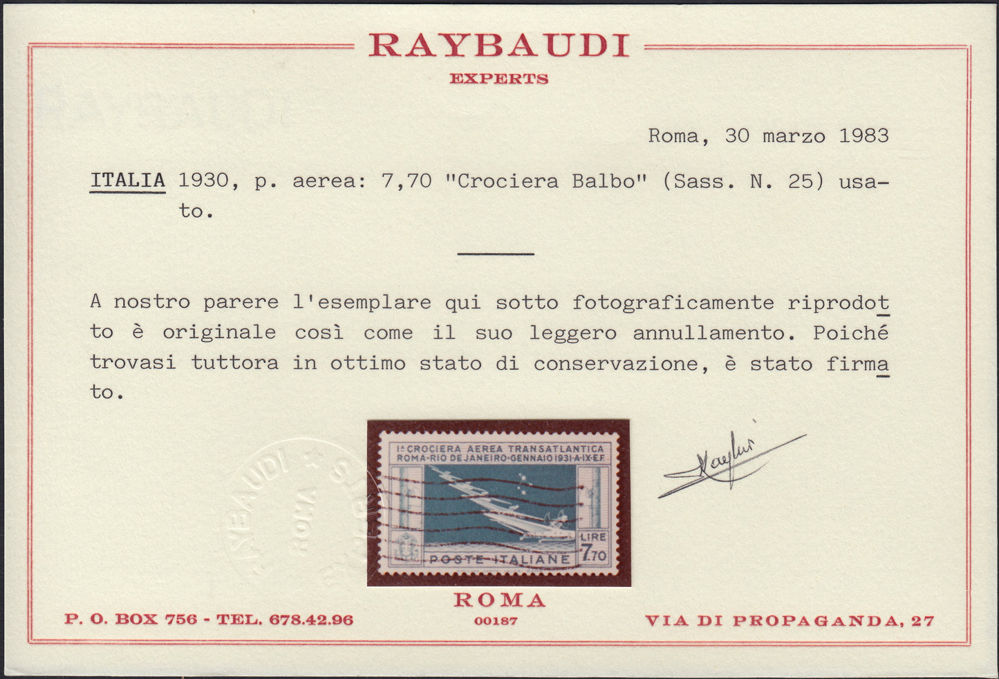 UT352 - 1930 - Crociera transatlantica del Generale Balbo, L. 7,70 celeste grigio, usato con annullo originale (25)