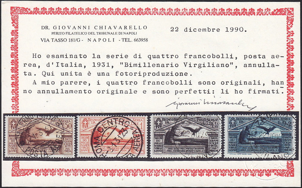 UT355 - 1930 - Bimillenario della nascita di Virgilio, Posta aerea, serie completa di 4 valori usati con annulli originali /A21/A24)