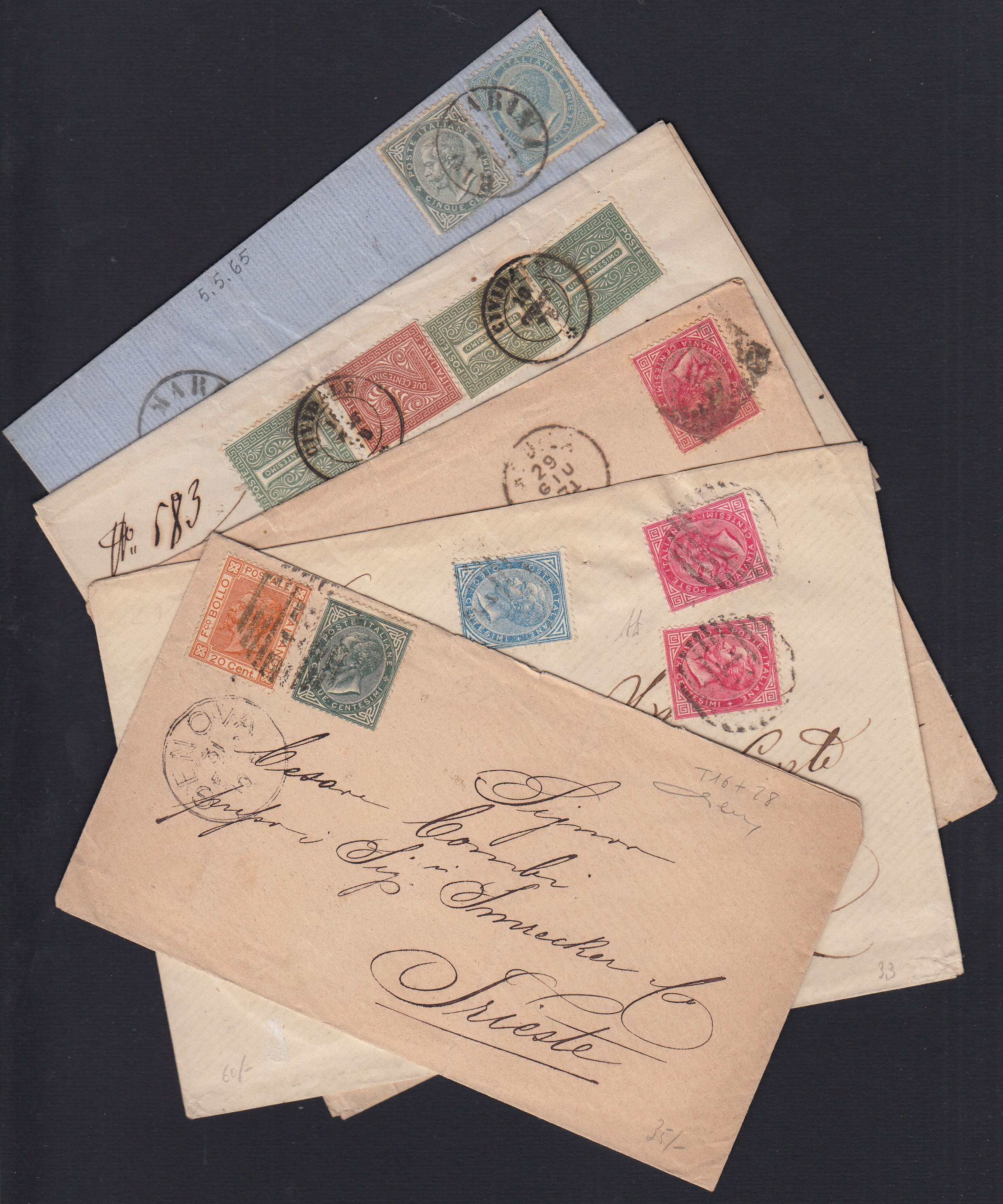 UT35- 1865/79 - Insieme di cinque affrancature relative al periodo di Vittorio Emanuele II