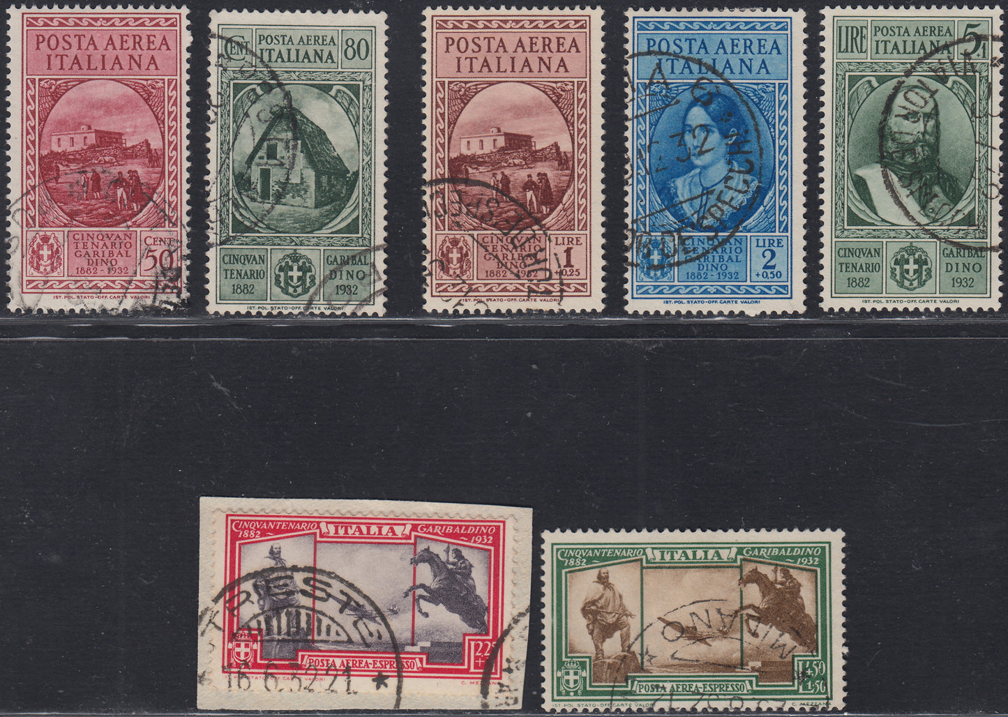 UT362 - 1932 - Cinquantenario della morte di Giuseppe Garibaldi, Posta aerea ed Espressi, serie completa di 7 valori usati con annulli originali (A32/A38)