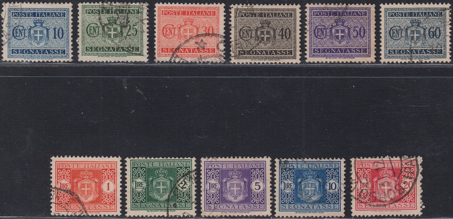 UT417 - 1945 - Luogotenenza, Segnatasse del 1934 con in nuovo stemma ma senza i fasci con Filigr. ruota alata, serie completa usata con annulli originali (73/85) (copia)