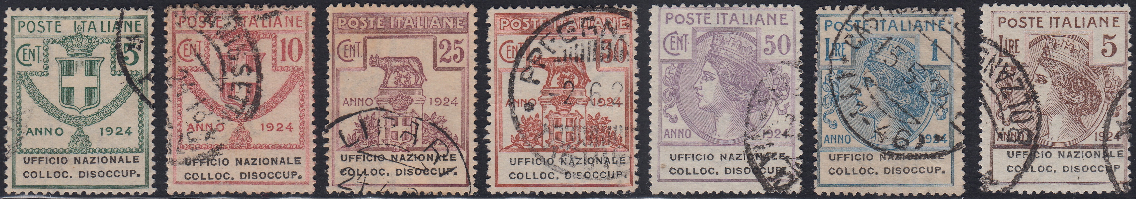 UT431 - 1924 - Enti Parastatali, UFFICIO NAZIONALE COLLOC. DISOCCUP.  serie di sette valori usata con annulli originali (62/68)