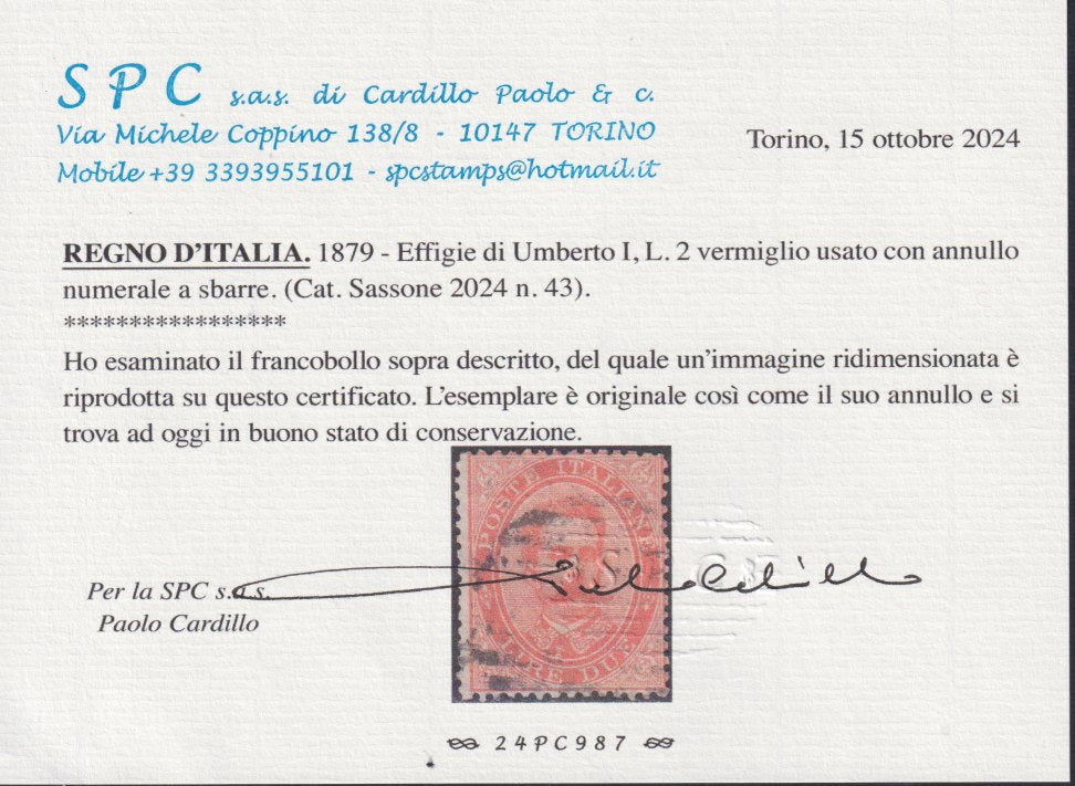 UT442 - 1879 - Umberto I L. 2 vermiglio usato con annullo originale (43)