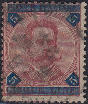 UT448 - 1891/96 - Umberto I L. 5 carminio e azzurro usato con annullo originale (64)