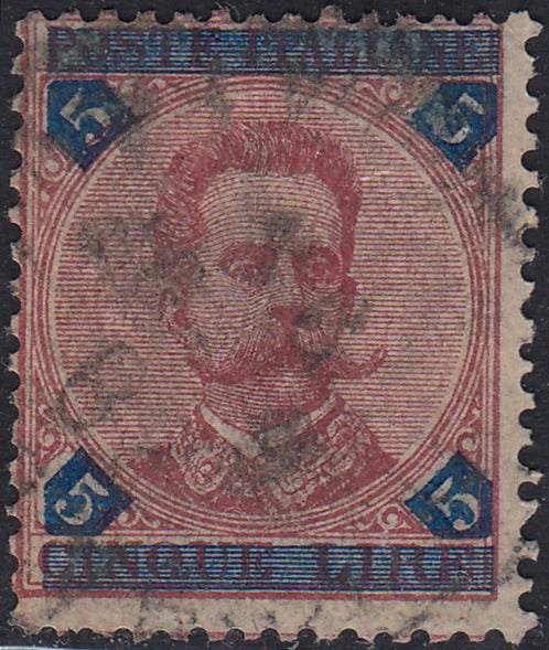 UT448 - 1891/96 - Umberto I L. 5 carminio e azzurro usato con annullo originale (64)