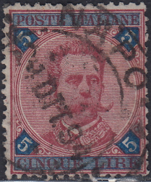 UT449 - 1891/96 - Umberto I L. 5 carminio e azzurro usato con annullo originale (64)