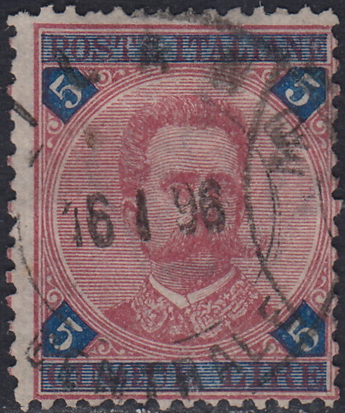 UT450 - 1891/96 - Umberto I L. 5 carminio e azzurro usato con annullo originale (64)