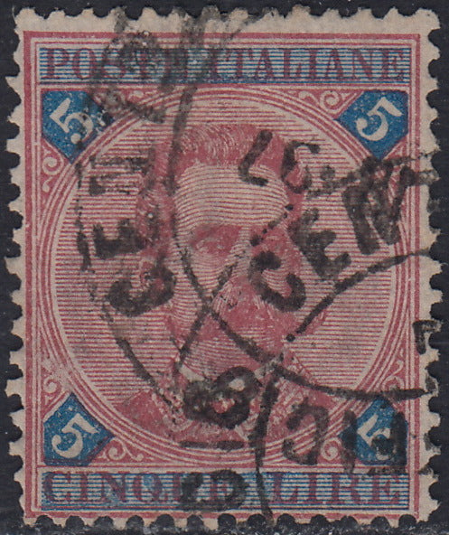 UT451 - 1891/96 - Umberto I L. 5 carminio e azzurro usato con annullo originale (64)
