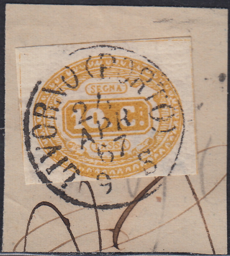 UT462 - 1863 - Segnatasse, c. 10 ocra usato su frammento con annullo Livorno Porto 24/4/67 (1a)