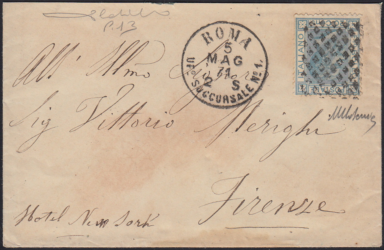 UT47 - 1863 - Lettera spedita da Roma per Firenze 5/5/71 affrancata con c.20 celeste tipo Bigola usato con rombi della I emissione di Sardegna (L26, p.ti 13)