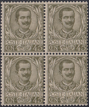 UT485 - 1901 - Floreale, blocco di quattro del c. 45 oliva, ben centrato, nuova con gomma integra (75)