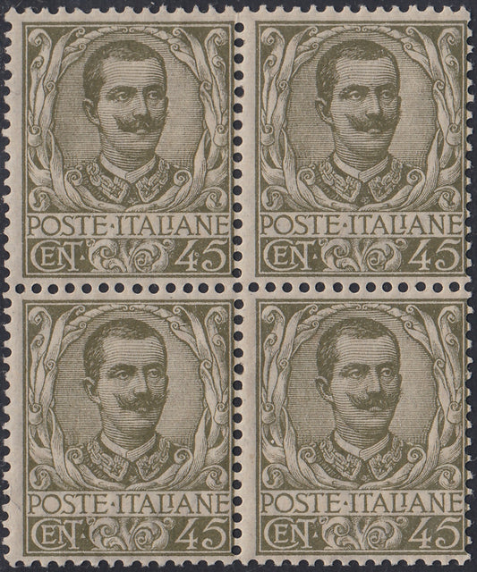 UT485 - 1901 - Floreale, blocco di quattro del c. 45 oliva, ben centrato, nuova con gomma integra (75)