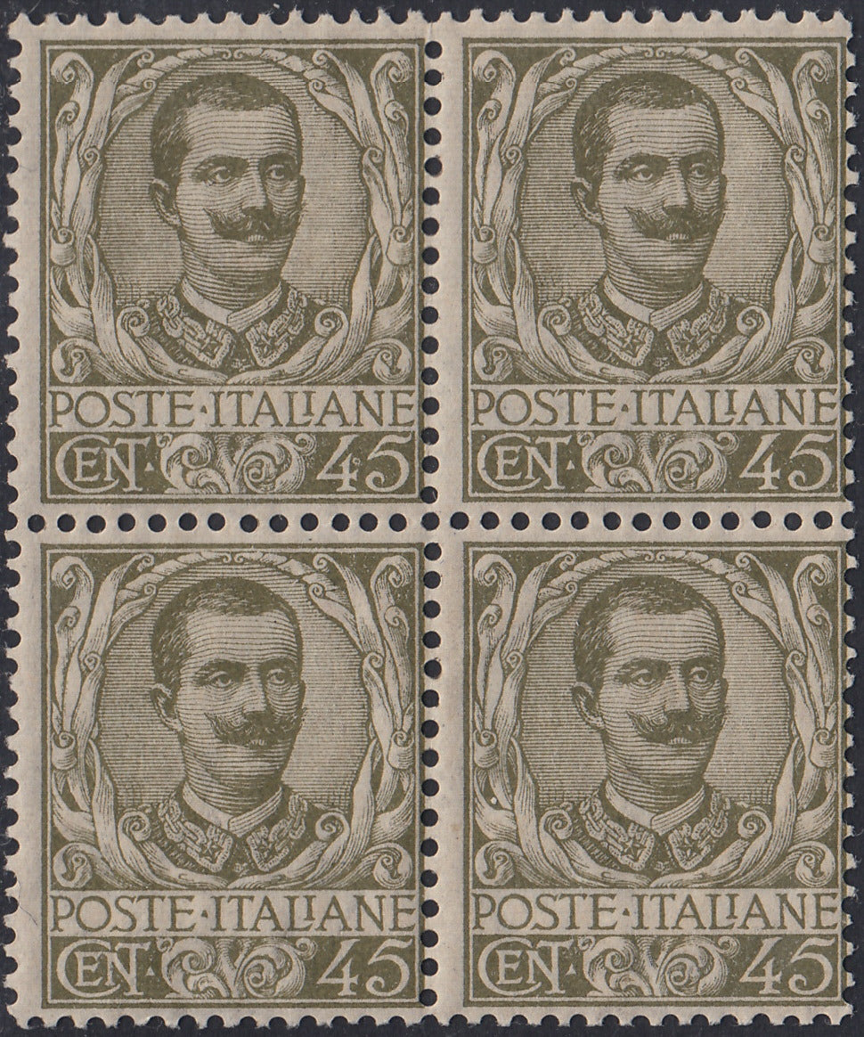 UT485 - 1901 - Floreale, blocco di quattro del c. 45 oliva, ben centrato, nuova con gomma integra (75)
